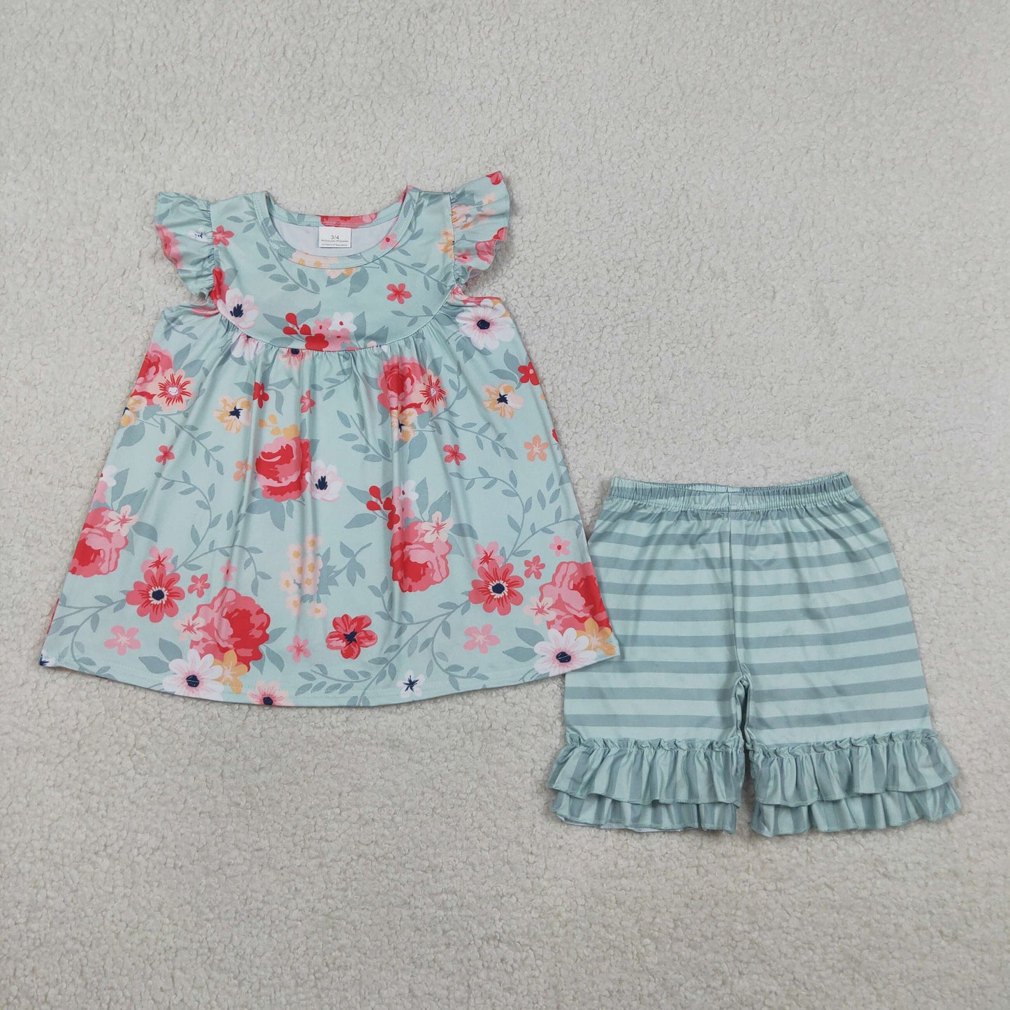 Baby Girls Flutter Sleeve Flowers Tunic Stripe Ruffle Short Clothes Set