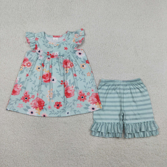 Baby Girls Flutter Sleeve Flowers Tunic Stripe Ruffle Short Clothes Set