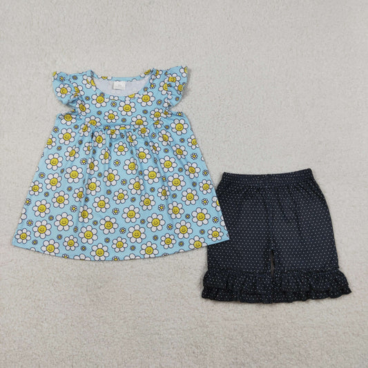 Baby Girls Flutter Sleeve Smile Flowers Tunic Polka Dots Ruffle Short Clothes Set