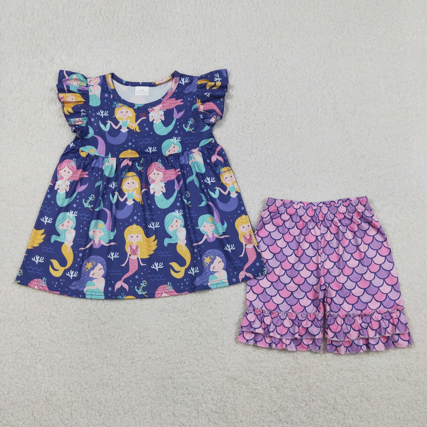 Baby Girls Purple Flutter Sleeve Mermaid Tunic Ruffle Shorts Clothes Set