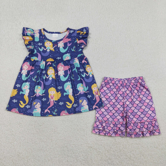 Baby Girls Purple Flutter Sleeve Mermaid Tunic Ruffle Shorts Clothes Set