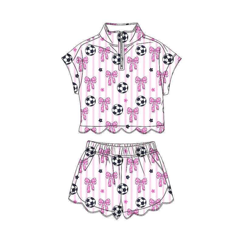 Baby Girls Footballs Bows Zip Top Pockets Short Team Scallop Clothes Set Preorder