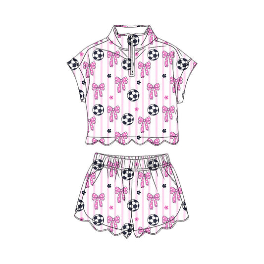Baby Girls Footballs Bows Zip Top Pockets Short Team Scallop Clothes Set Preorder