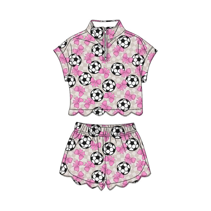 Baby Girls Footballs Bows Zip Top Pockets Short Team Scallop Clothes Set Preorder