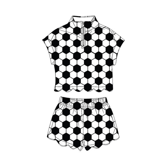 Baby Girls Footballs Checked Zip Top Pockets Short Team Scallop Clothes Set Preorder