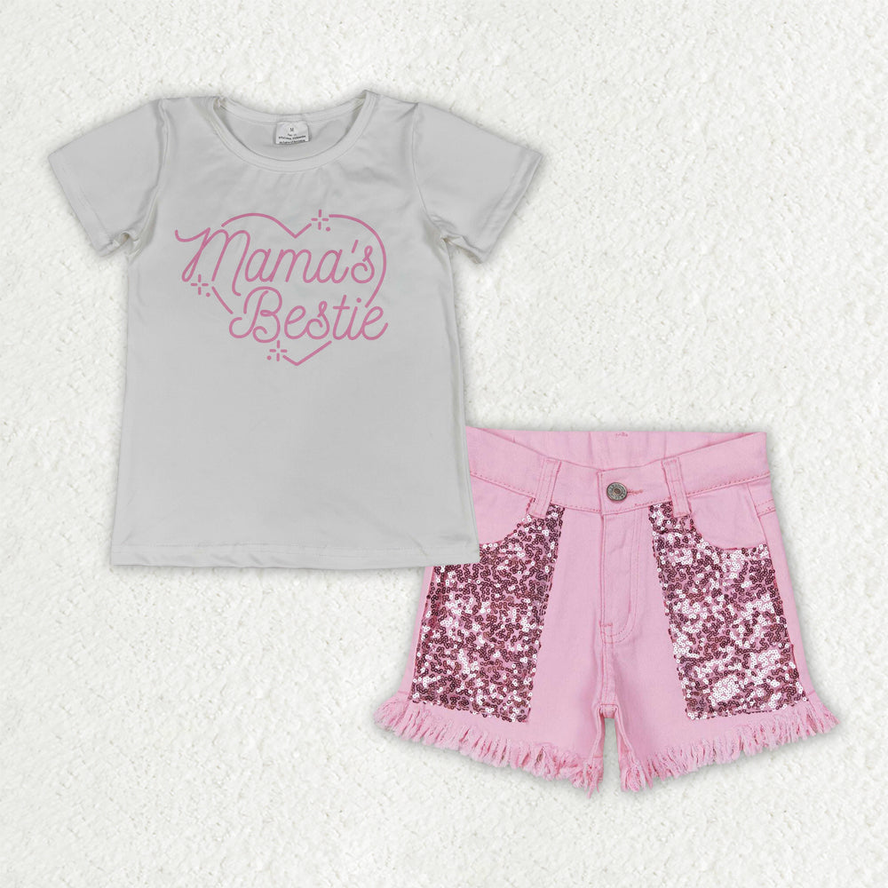 Baby Girls Mama's Bestie Shirt Top Sequin Denim Shorts Clothes Sets
