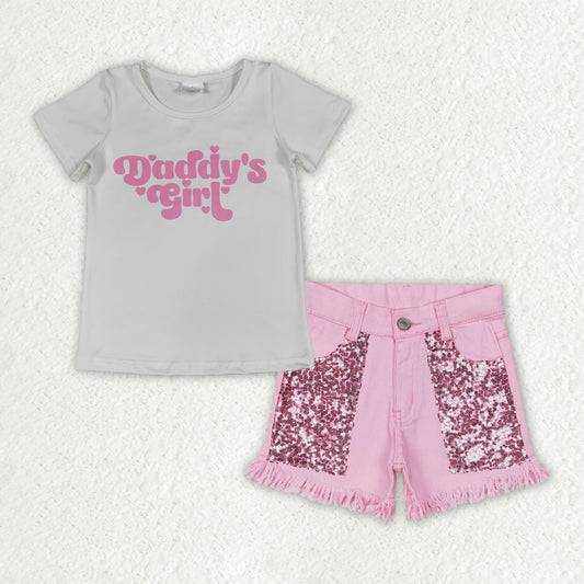 Baby Girls Daddy's Girl Shirt Top Sequin Denim Shorts Clothes Sets