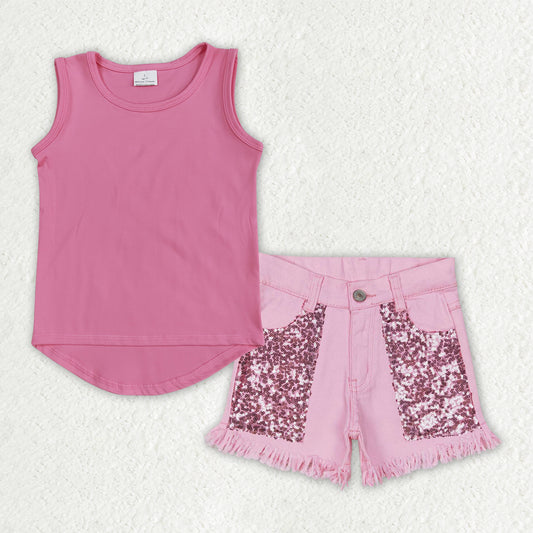 Baby Girls Pink Sleeveless Yoga Vest Top Sequin Denim Shorts Clothes Sets