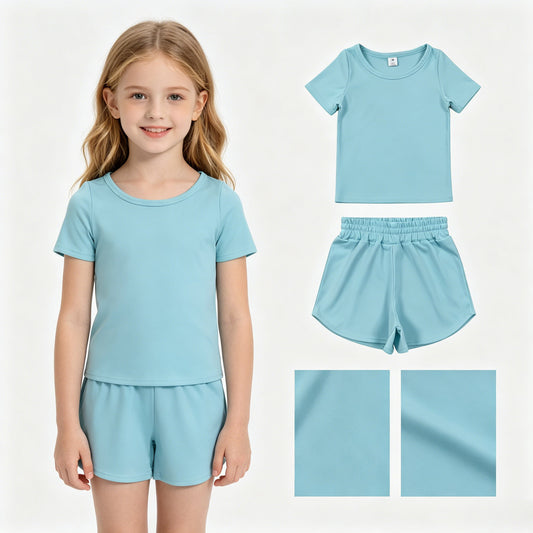 Baby Girls Light Blue Short Sleeve Top Sport Short Yoga Active Clothes Sets