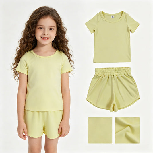 Baby Girls Light Yellow Short Sleeve Top Sport Short Yoga Active Clothes Sets