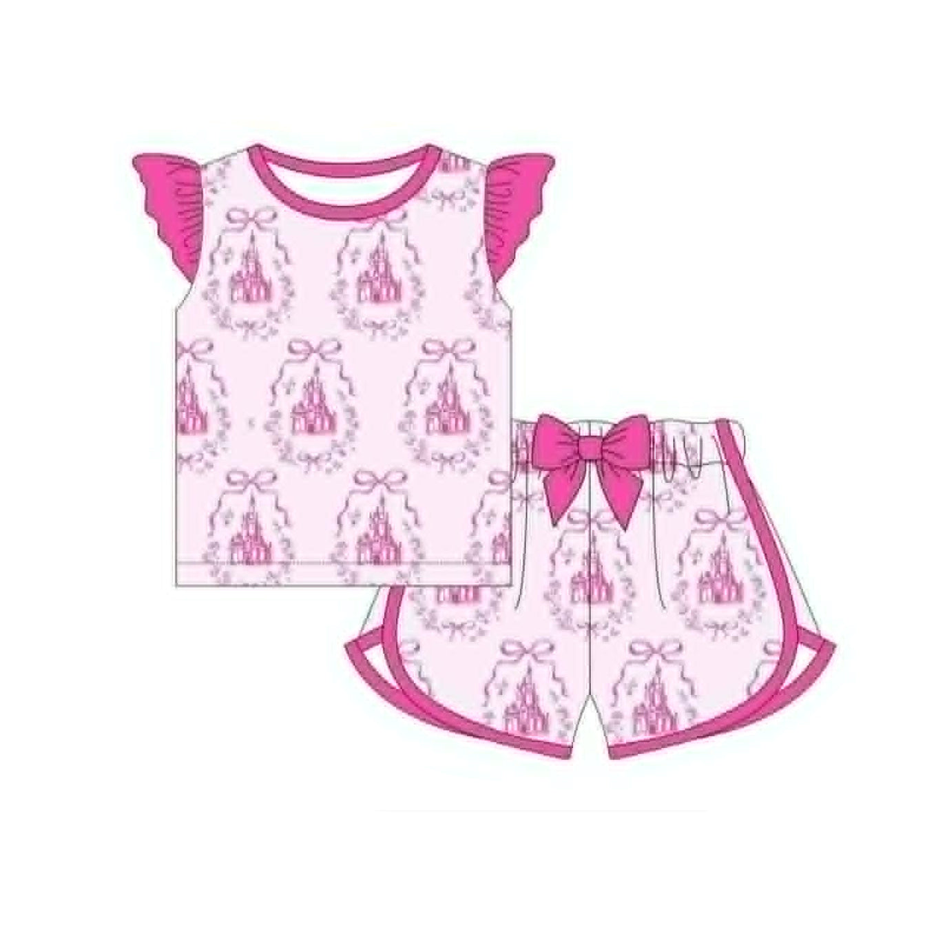 Baby Girls Flutter Sleeve Pink Bows Castles Top Short Clothes Sets Preorder