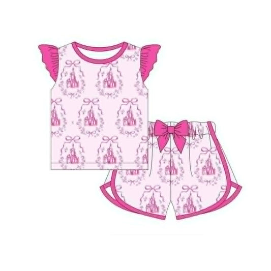 Baby Girls Flutter Sleeve Pink Bows Castles Top Short Clothes Sets Preorder