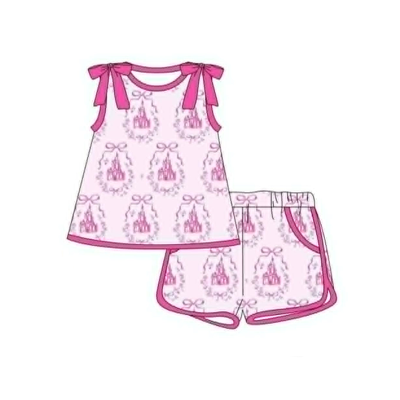 Baby Girls Sleeveless Pink Bows Castles Tunic Short Clothes Sets Preorder