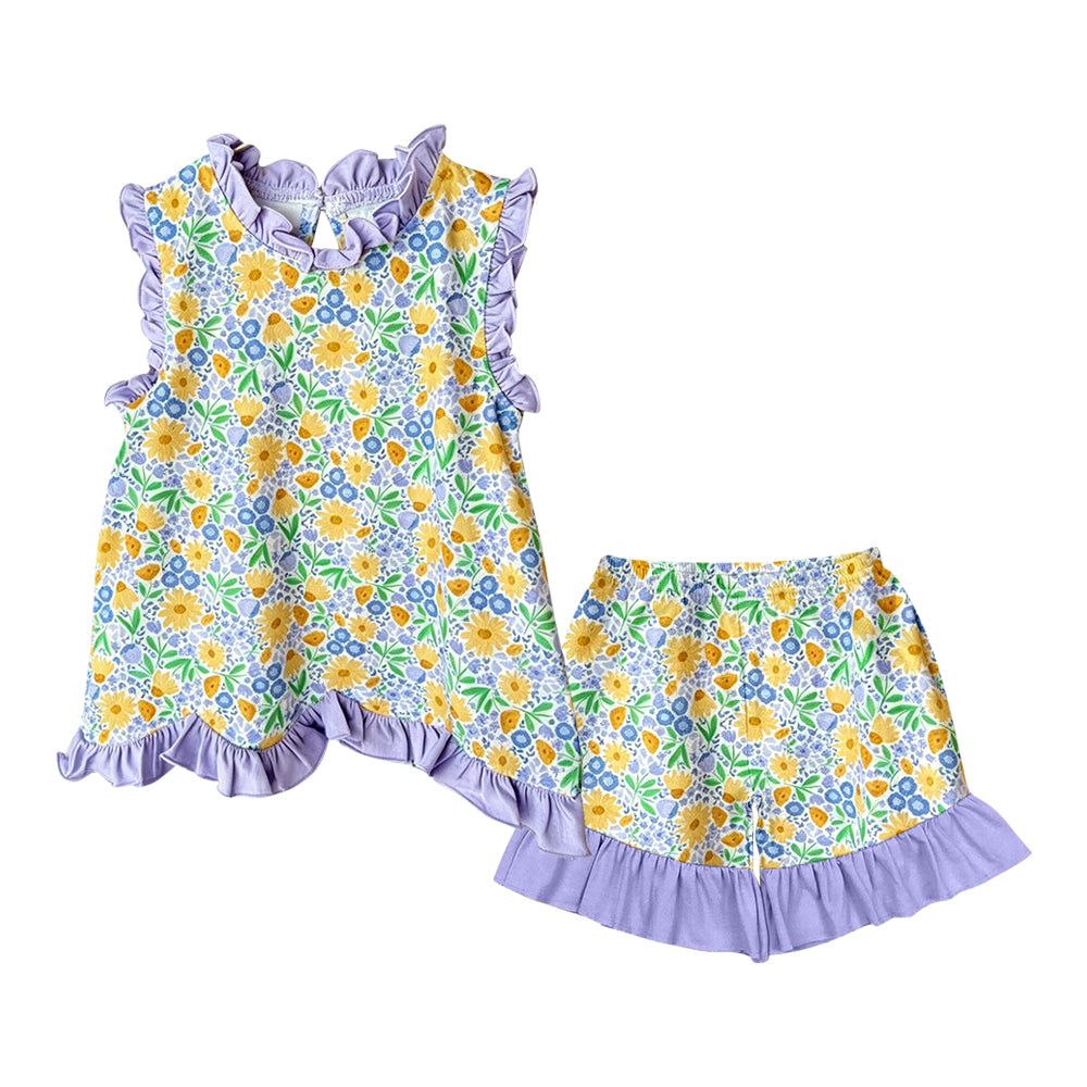 Baby Girls Sleeveless Colorful Flowers Tunic Ruffle Short Clothes Sets Preorder