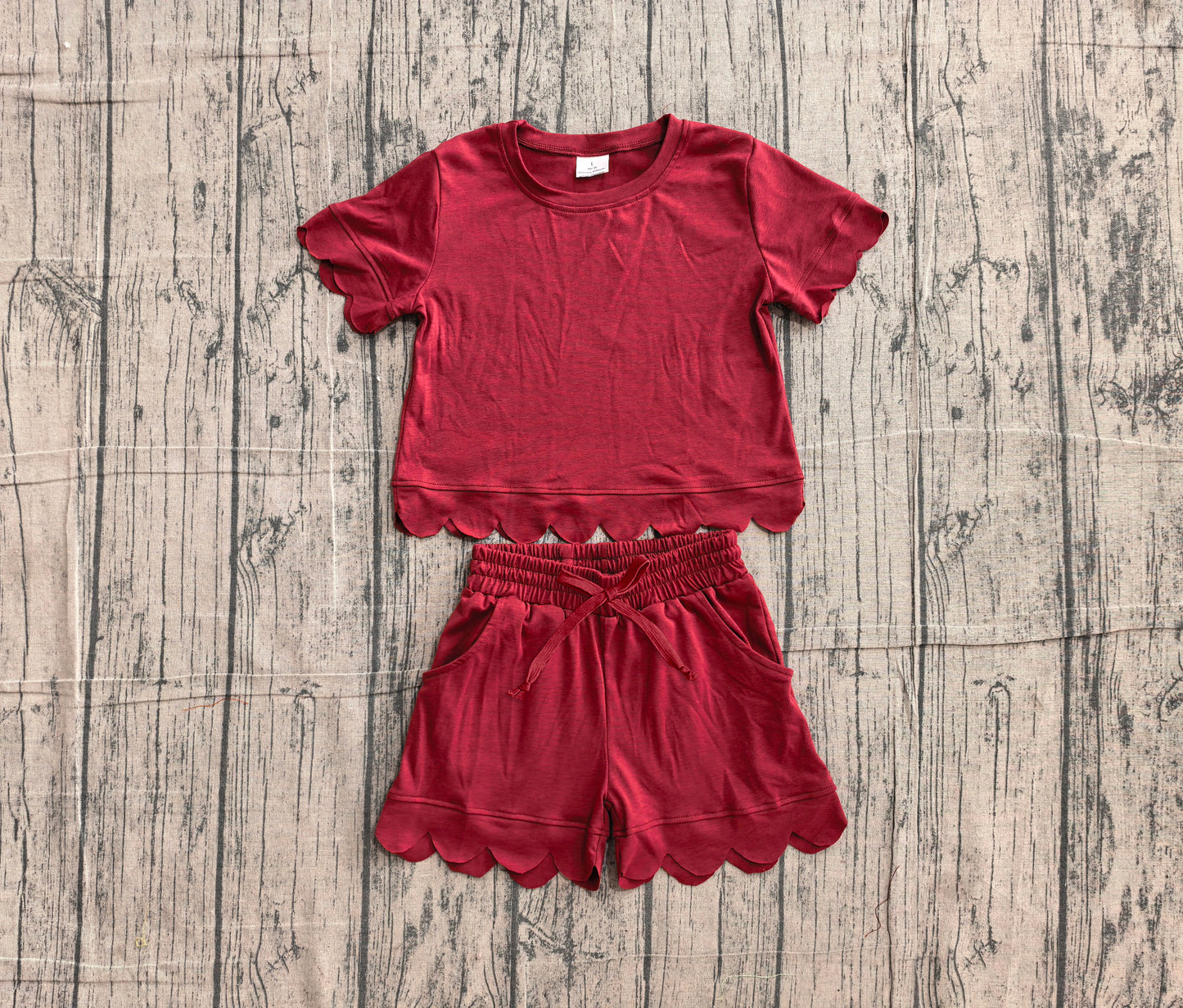Baby Girls Short Sleeve Maroon Top Short Cotton Scallop Clothes Set Preorder
