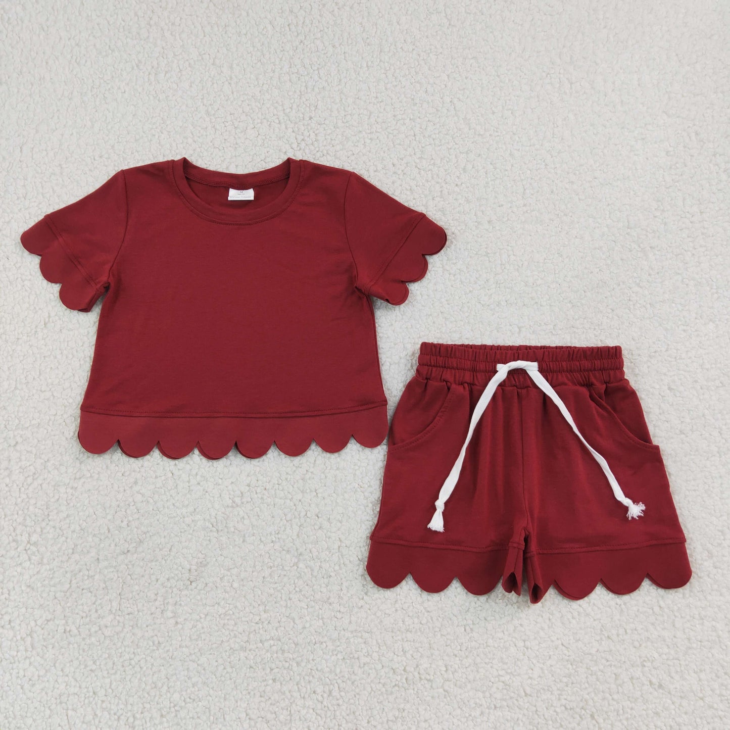 Baby Girls Short Sleeve Maroon Top Short Cotton Scallop Clothes Sets