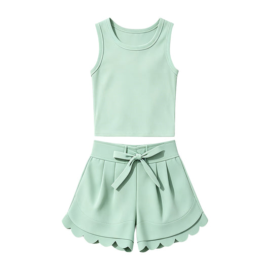 Baby Girls Light Green Vest Top Ruffle Short Yoga Active Clothes Set Preorder