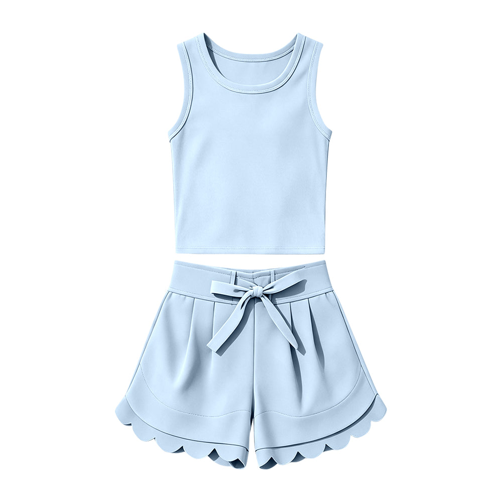 Baby Girls Light Blue Vest Top Ruffle Short Yoga Active Clothes Set Preorder