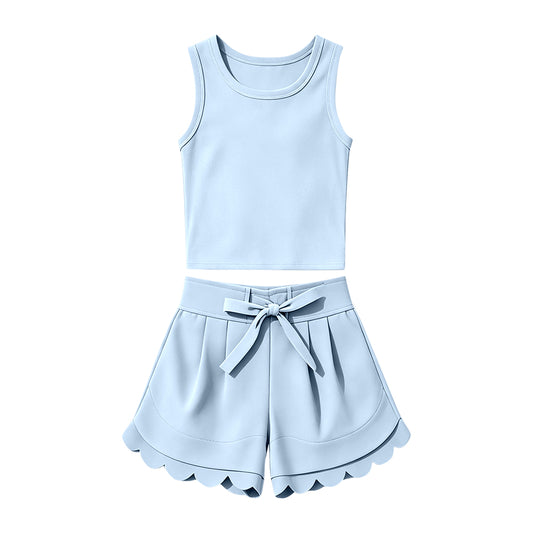 Baby Girls Light Blue Vest Top Ruffle Short Yoga Active Clothes Set Preorder