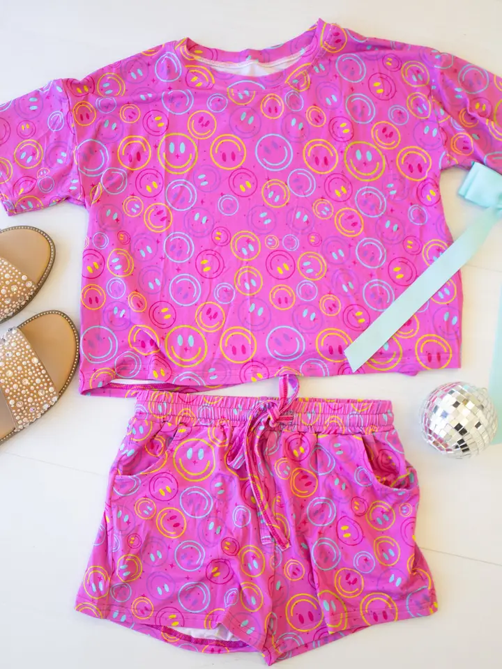 Baby Girls Colorful Smiles Top Pockets Short Slouchy Clothes Set Preorder
