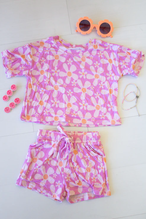 Baby Girls Colorful Flowers Top Pockets Short Slouchy Clothes Set Preorder