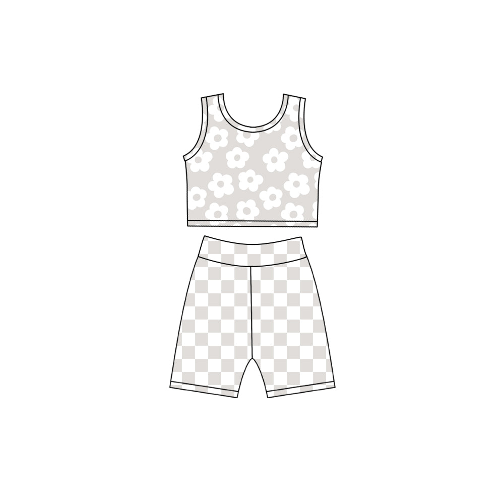 Baby Girls Light Grey Flowers Vest Top Checked Short Yoga Active Clothes Set Preorder