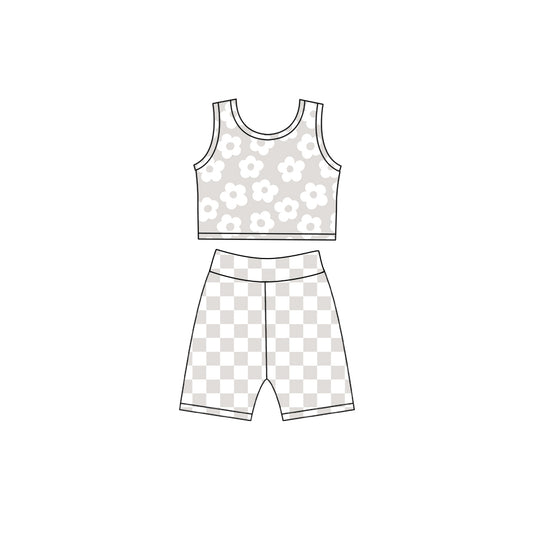 Baby Girls Light Grey Flowers Vest Top Checked Short Yoga Active Clothes Set Preorder