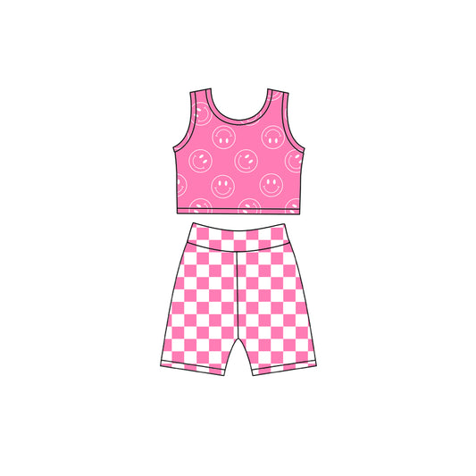 Baby Girls Pink Smiles Vest Top Checked Short Yoga Active Clothes Set Preorder