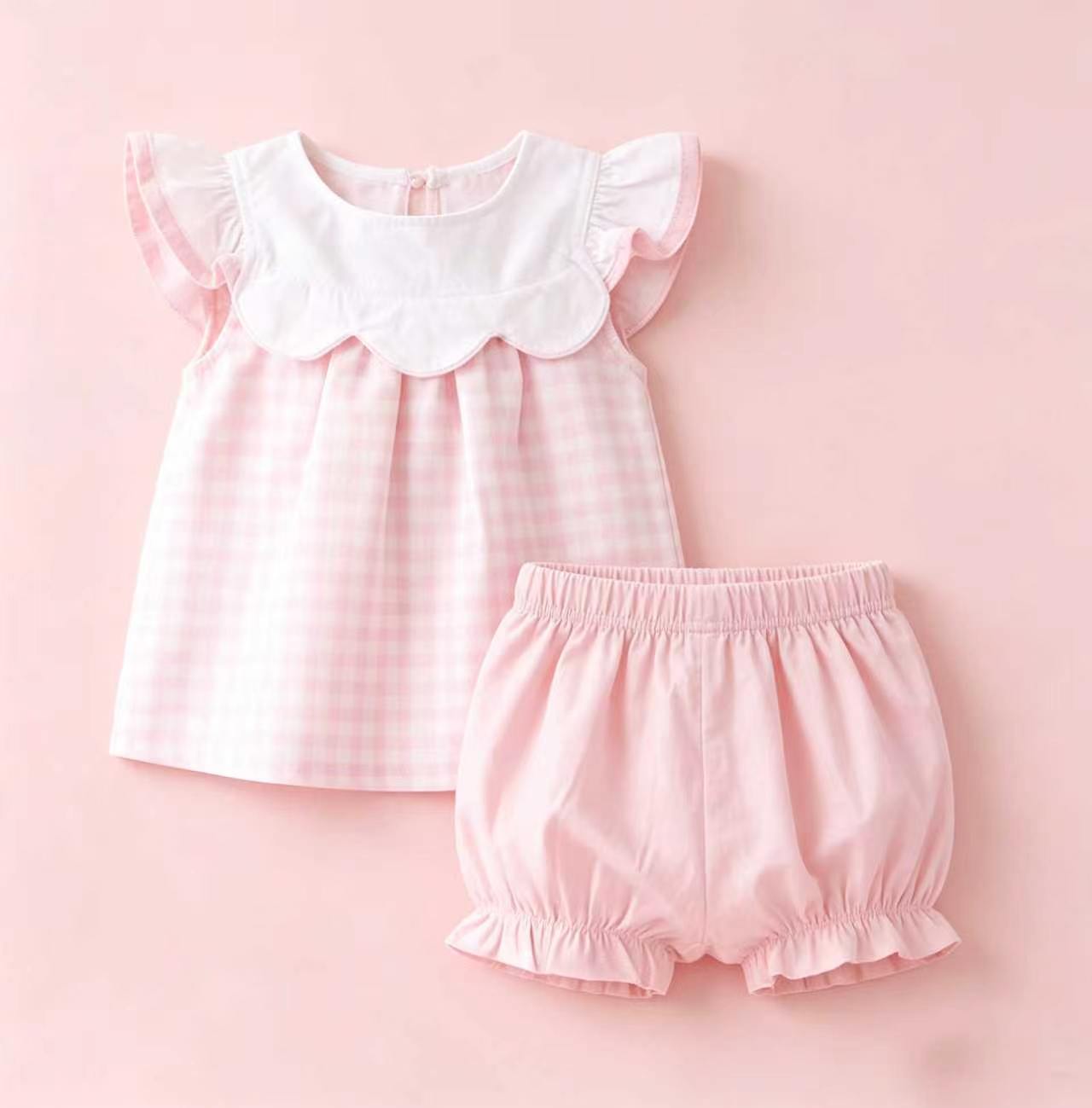Baby Girls Flutter Sleeve Pink Checked Tunic Ruffle Short Clothes Set Preorder
