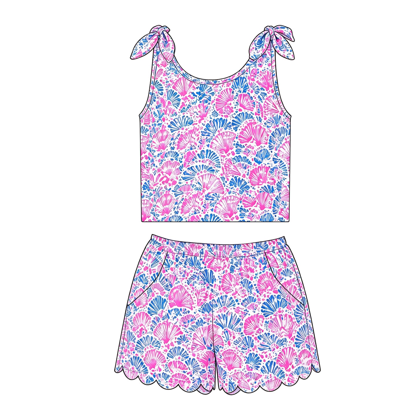 Baby Girls Sleeveless Colorful Sea Plant Top Scallop Pockets Short Clothes Sets Preorder