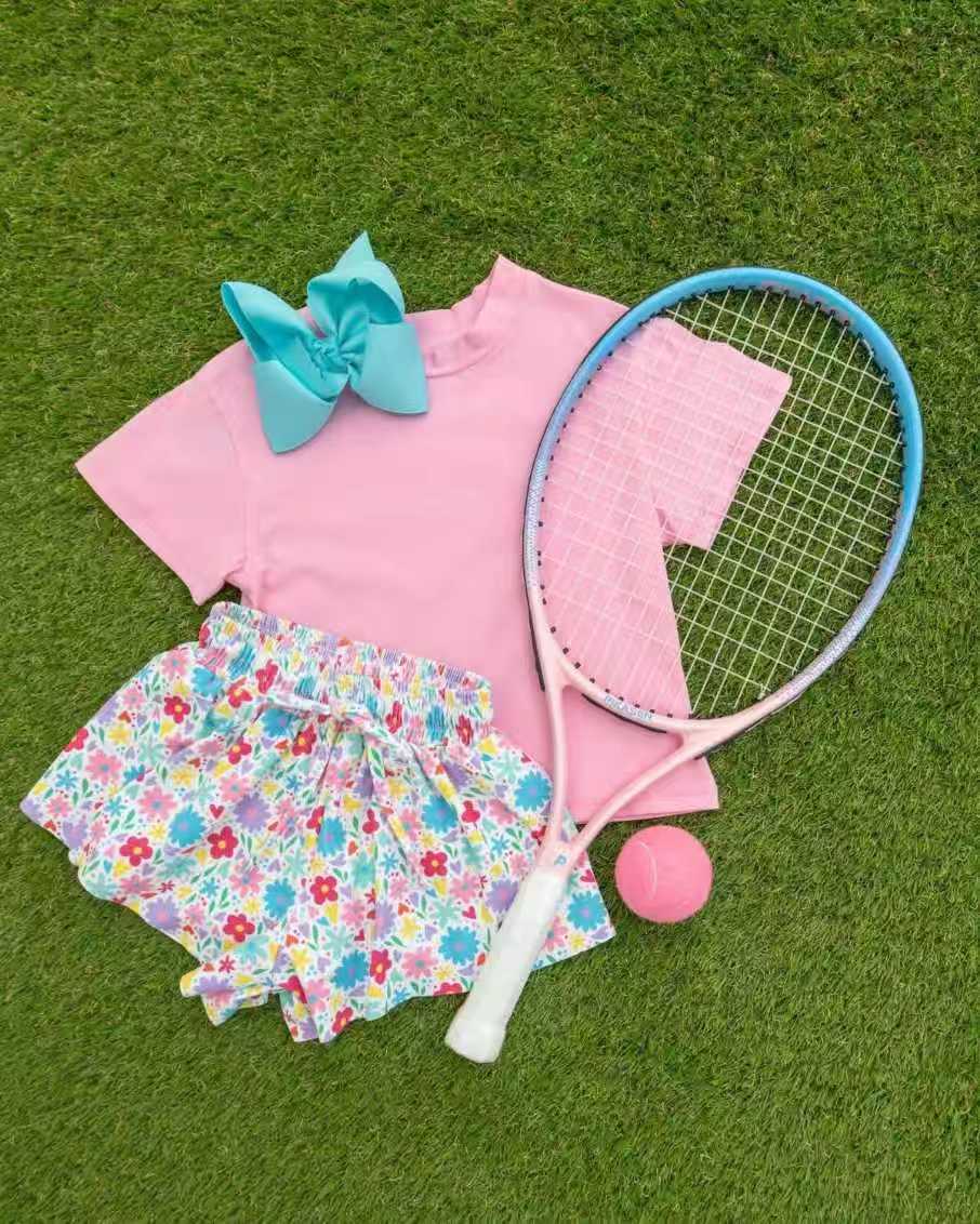 Baby Girls Pink Short Sleeve Shirt Top Colorful Flowers Butterfly Short Clothes Set Preorder