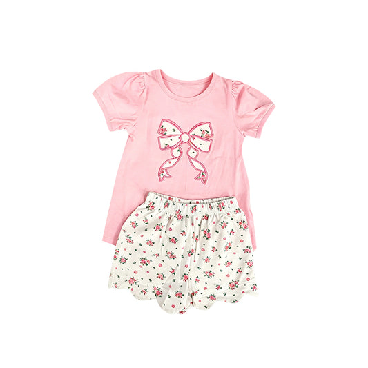 Baby Girls Pink Short Ruffle Sleeve Flowers Bow Top Scallop Short Clothes Sets Preorder