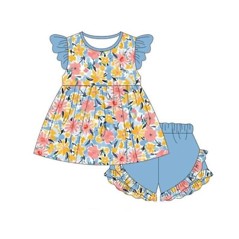Baby Girls Flutter Sleeve Colorful Flowers Tunic Ruffle Short Clothes Set Preorder