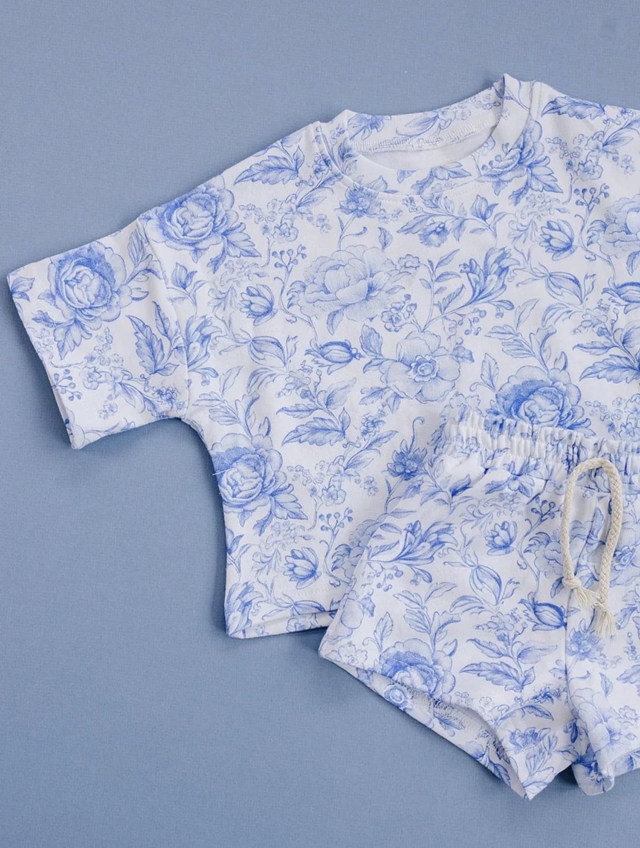 Baby Girls Short Sleeve Blue Flowers Top Pockets Short Slouchy Clothes Set Preorder