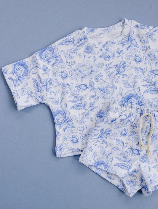 Baby Girls Short Sleeve Blue Flowers Top Pockets Short Slouchy Clothes Set Preorder