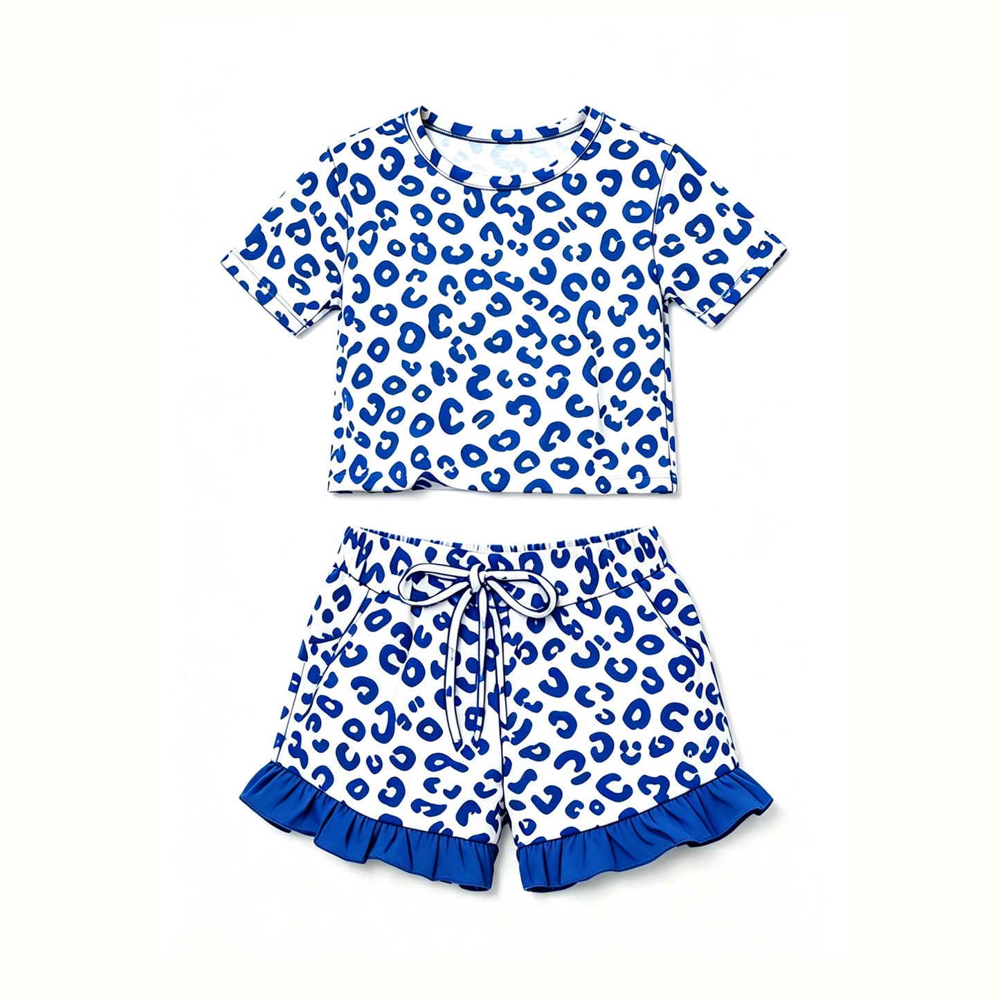 Preorder moq 5 Baby Girls Blue Leopard Top Pockets Ruffle Short Clothes Set