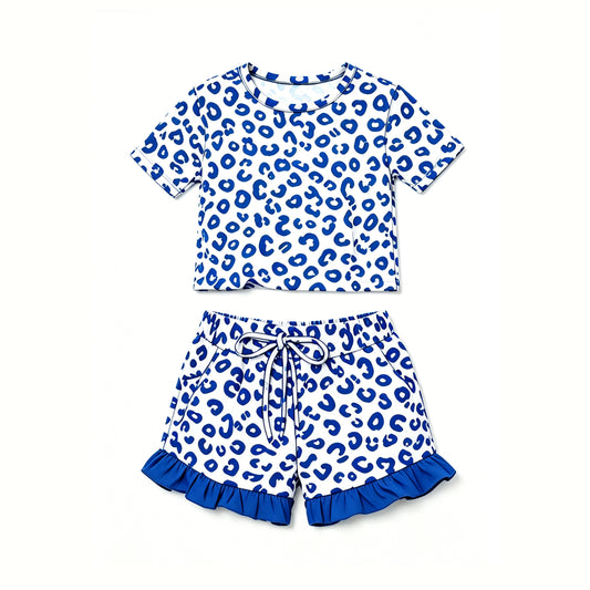 Preorder moq 5 Baby Girls Blue Leopard Top Pockets Ruffle Short Clothes Set