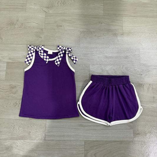 Baby Girls Purple Checked Bows Sleeveless Top Short Clothes Sets Preorder