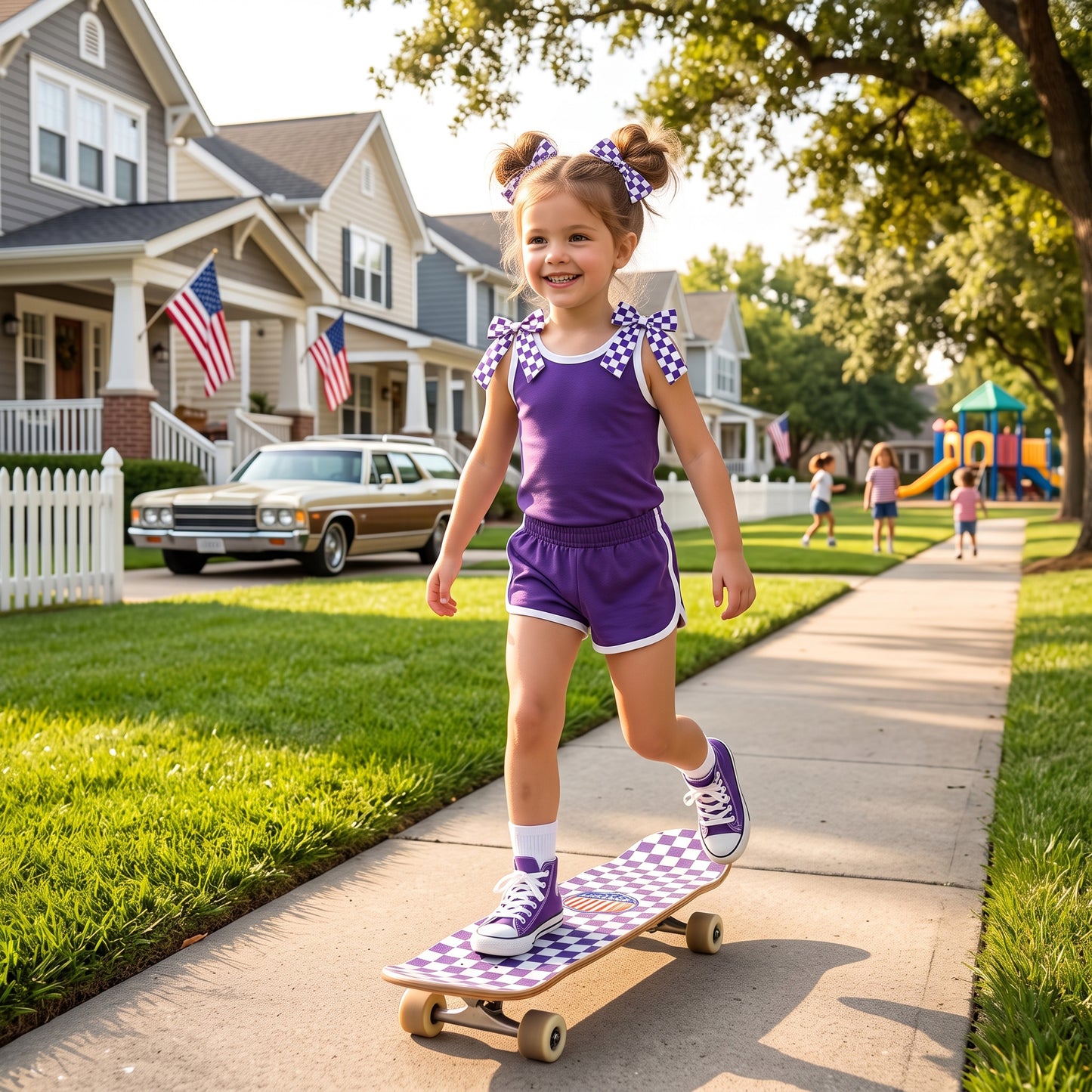 Baby Girls Purple Checked Bows Sleeveless Top Short Clothes Sets