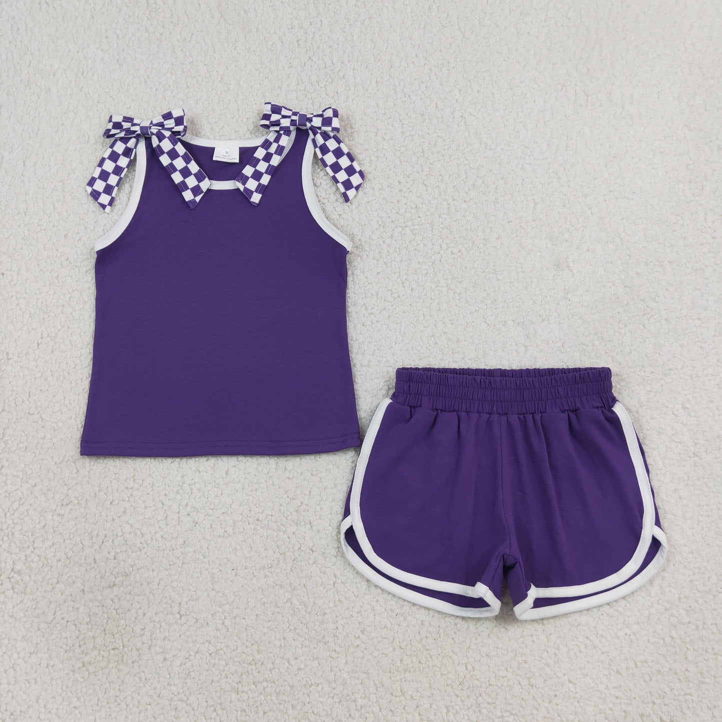 Baby Girls Purple Checked Bows Sleeveless Top Short Clothes Sets