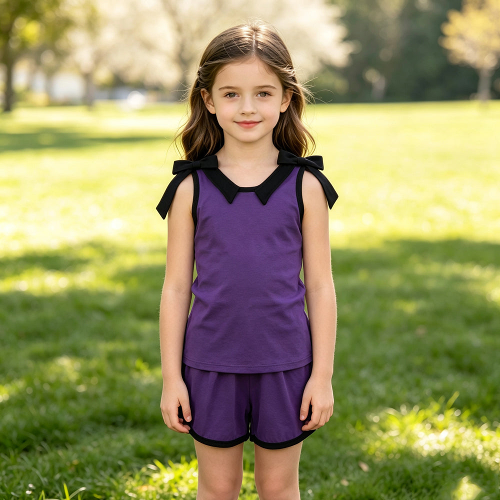 Baby Girls Purple Black Bows Sleeveless Top Short Clothes Sets
