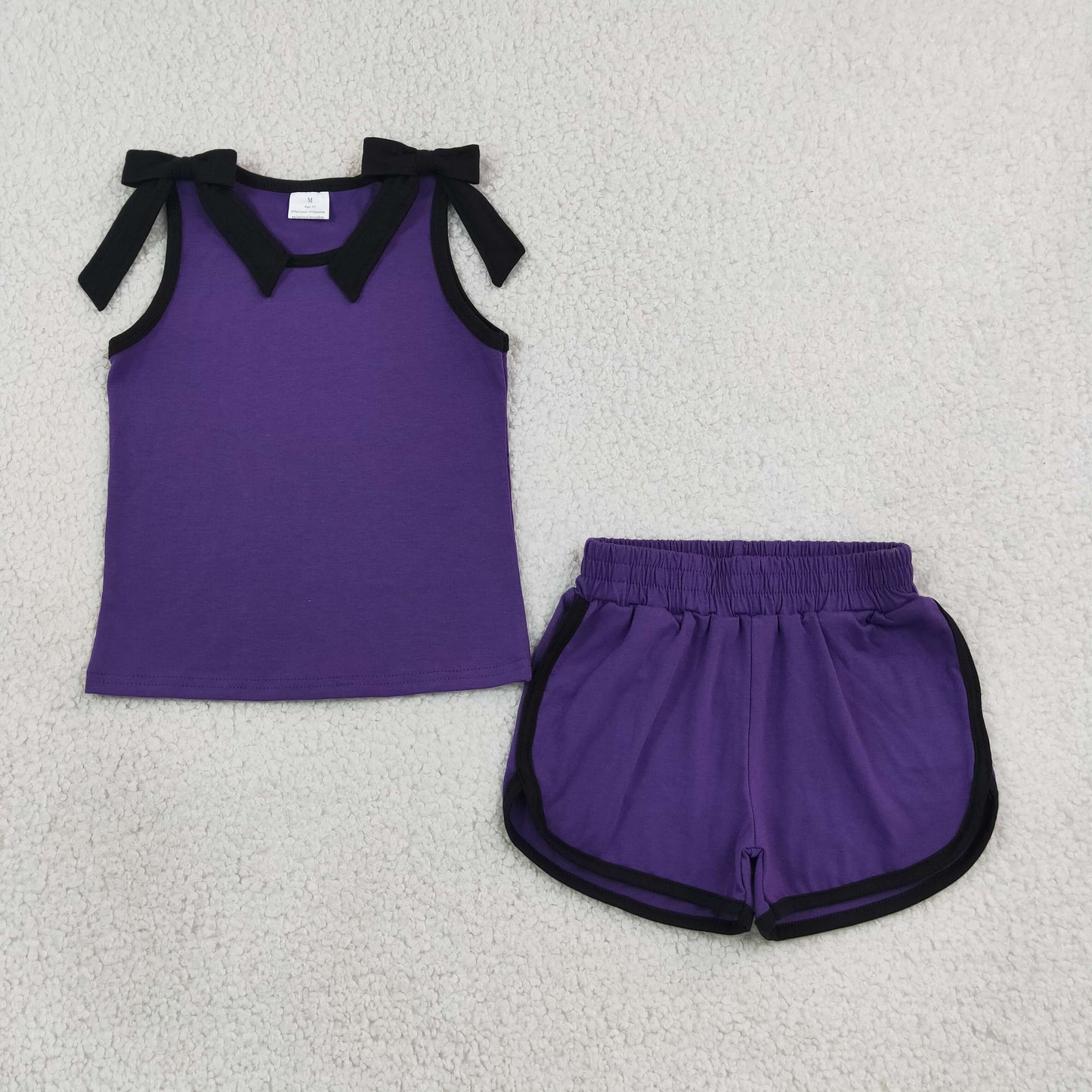 Baby Girls Purple Black Bows Sleeveless Top Short Clothes Sets