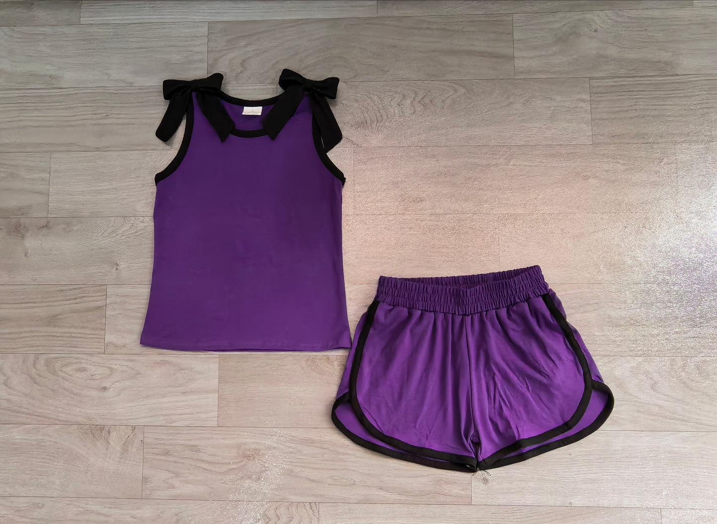 Baby Girls Purple Black Bows Sleeveless Top Short Clothes Sets Preorder