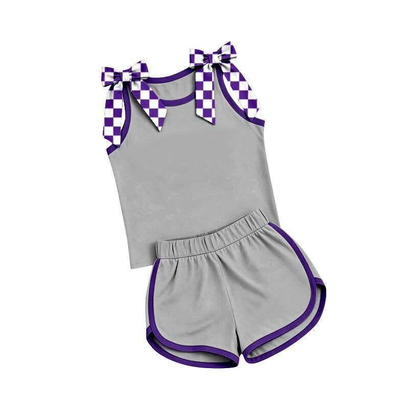 Preorder moq 5 Baby Girls Grey Purple Checked Bows Sleeveless Top Short Clothes Sets