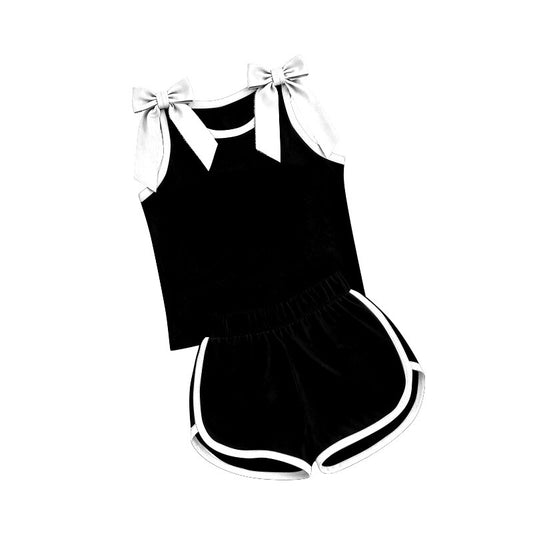Preorder Baby Girls White Black Bows Sleeveless Top Short Clothes Sets