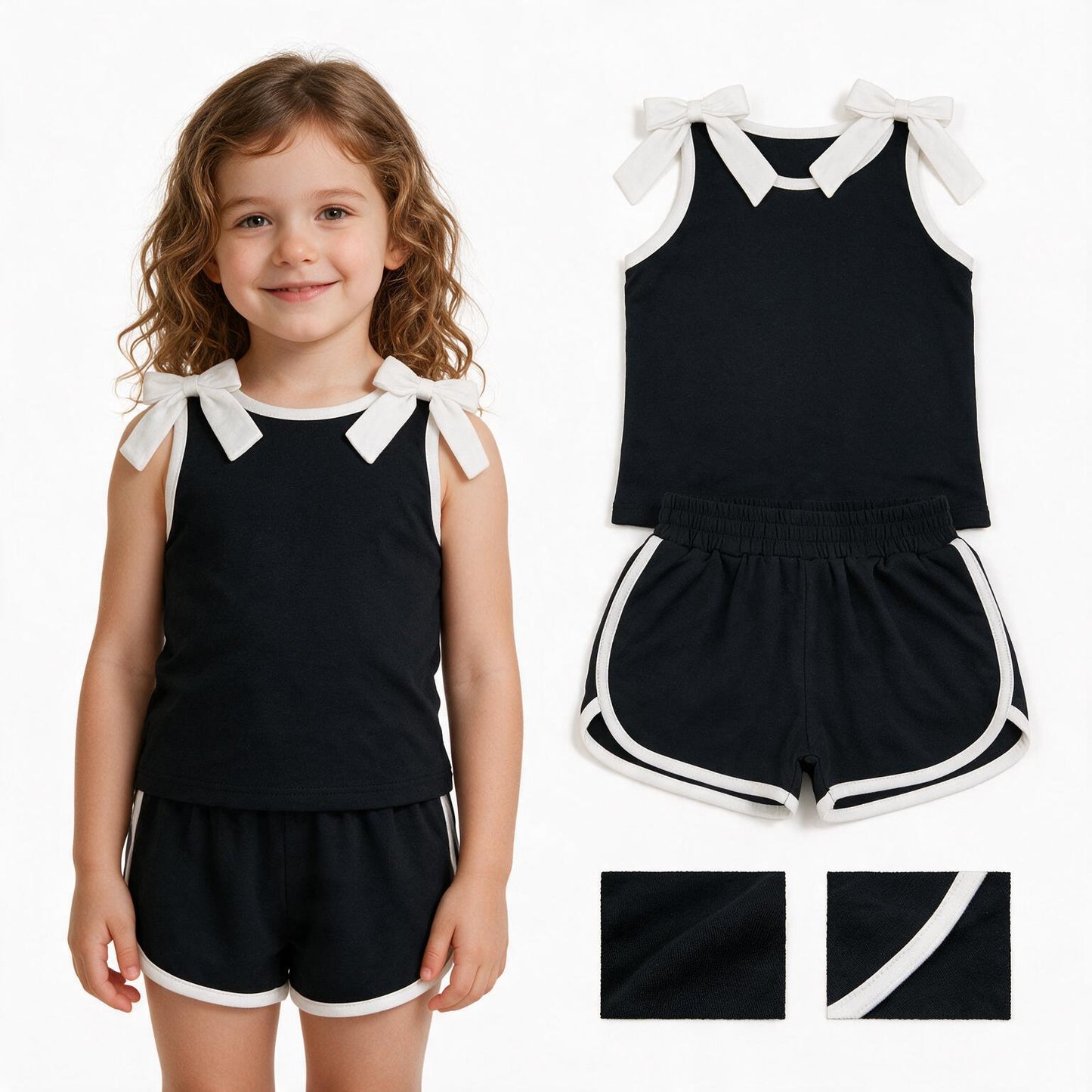Baby Girls Black White Bows Sleeveless Top Short Clothes Sets