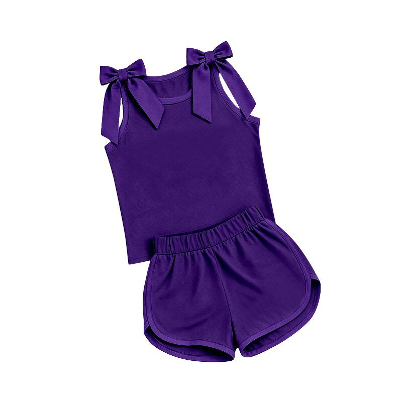 Sibing Preorder Baby Girls Cotton Bows Sleeveless Top Short Clothes Sets