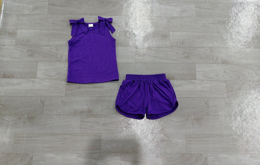 Baby Girls Purple Bows Sleeveless Top Pockets Short Clothes Sets Preorder