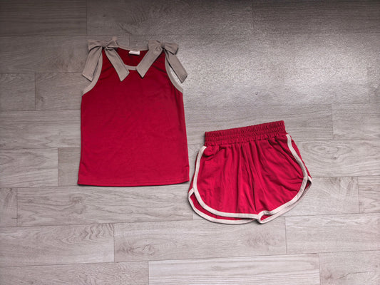 Baby Girls Maroon Grey Bows Sleeveless Top Short Clothes Sets Preorder