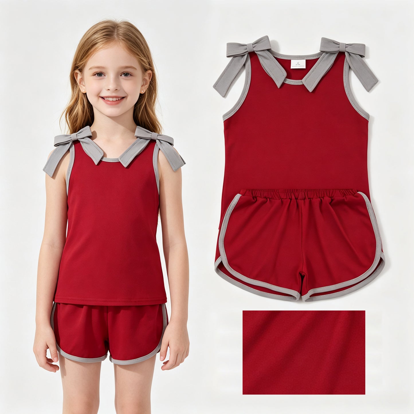 Baby Girls Grey Bows Maroon Sleeveless Top Short Clothes Sets